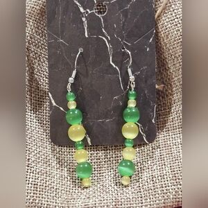 Elegant Green and Yellow Glass Cats Eye Beaded Drop Earrings 2 &a Half Inches